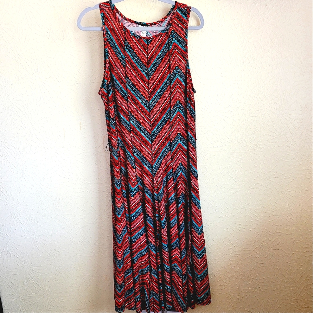 HAANI Women's Plus Size 1X 14/16 Ribbed Tank Dress Orange Turquoise Chevron